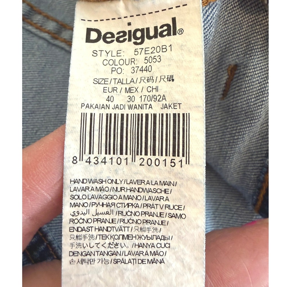 Desigual Denim Ethnic Deluxe Jacket Knit Floral Sleeves Sequin Embroidered EU 40 - Picture 9 of 9